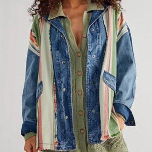 NEW WE THE FREE PEOPLE OVERSIZE BLANKET STRIPE DENIM JEAN SHIRT JACKET SMALL